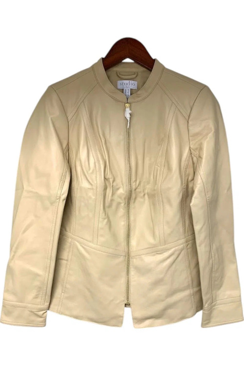 Denim & Co. Jackets & Blazers - Studio by Denim & Co. Faux Leather Zip Front Peplum Jacket Beige - Regular